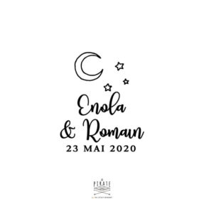 Tampon mariage to the moon and back personnalisé de vos prénoms et date de mariage surmonté d'une lune et de 3 étoiles - La Pirate