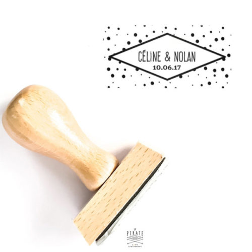Tampon Mariage personnalisé prénoms et date, Tampon en bois motifs petits pois, rectangle
