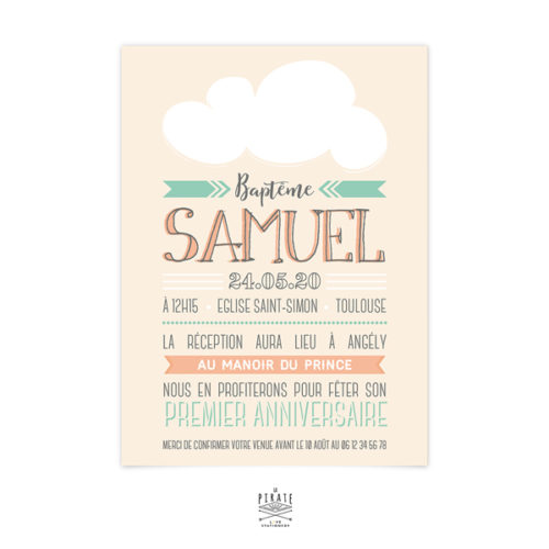Faire-Part Baptême Nuage, Faire-part baptême Vintage personnalisé - La Pirate