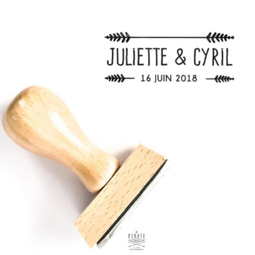 Tampon mariage prénoms, Tampon personnalisé en bois esprit étiquette vintage, note végétale