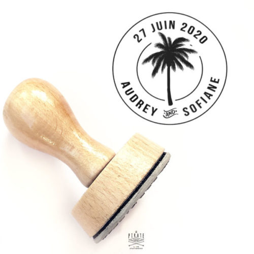 Tampon mariage Palmier Vintage rond, en bois pour votre mariage sur le thème exotique, chic à personnaliser