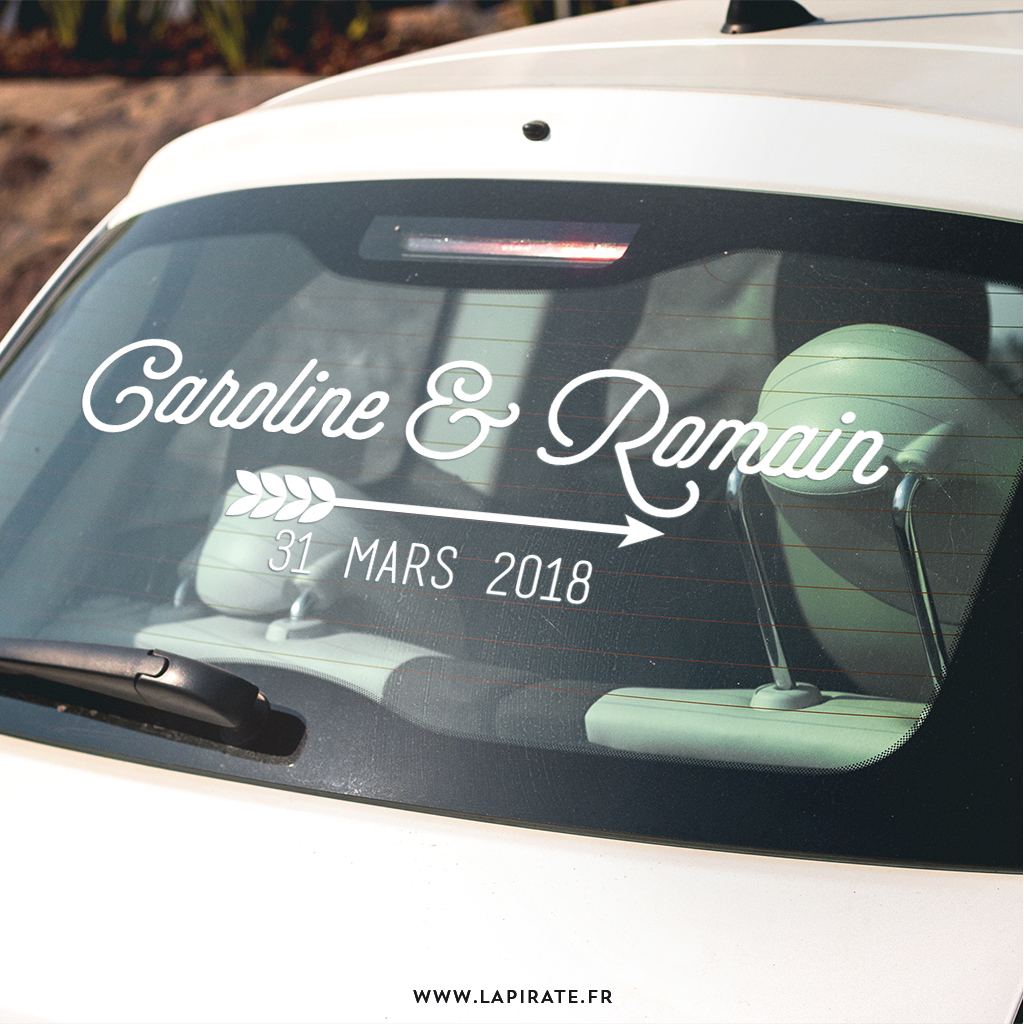 Stickers voiture mariage flèche, personnalisé de vos prénoms et date de mariage, thème vintage - La Pirate