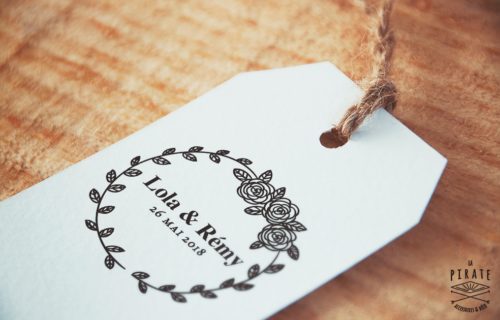Tampon mariage en bois personnalisé Prénoms et Date du Mariage - Mariage Shabby Chic couronne champêtre