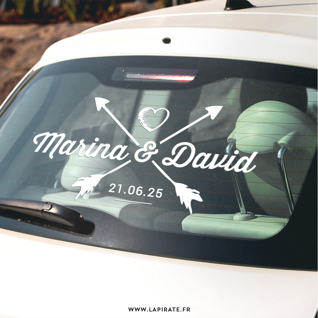 Stickers voiture flèches et coeur vintage personnalisé prénoms et date mariage - La Pirate