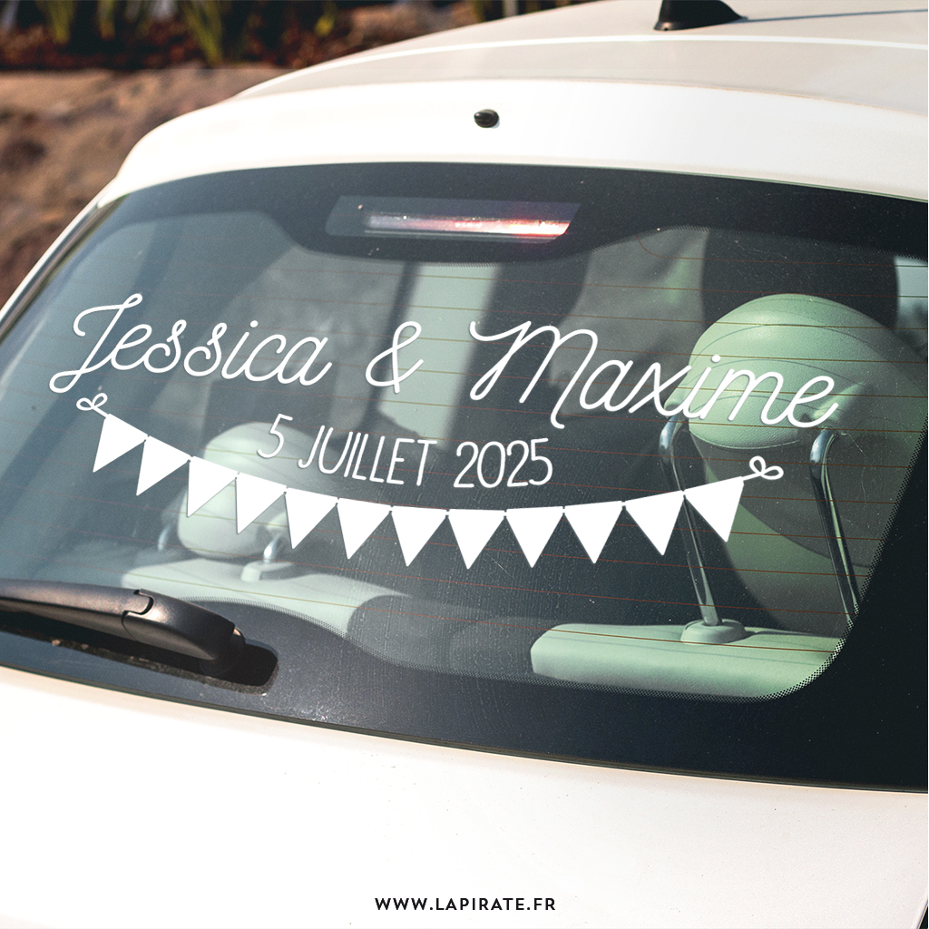 Stickers voiture mariage personnalisé, motif guirlande de fanions prénoms et date de mariage - La Pirate