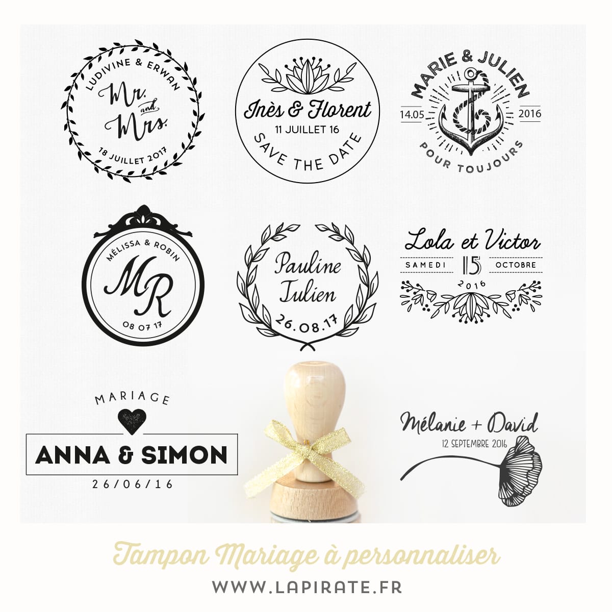 Personnalisez votre tampon mariage et apposez ce joli logo mariage sur tous les éléments de votre grand jour. Tampon mariage en bois, original et personnalisé.