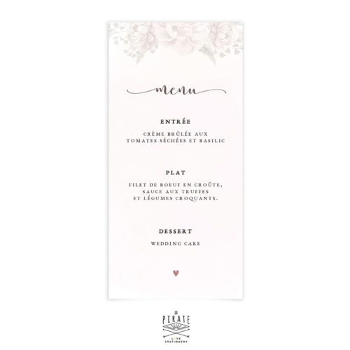 Menu mariage aquarelle et fleurs à personnaliser pour votre déco de table de mariage vintage et romantique - La Pirate