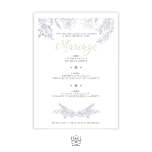 Faire-Part Mariage Hiver - flocon de neige -calligraphie - winter romance, mariage montagne, hiver - Verso - La Pirate