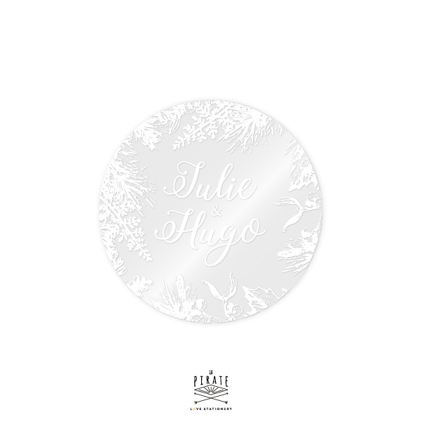 Stickers rond mariage hiver transparent et impression en blanc, personnalisé avec vos prénoms