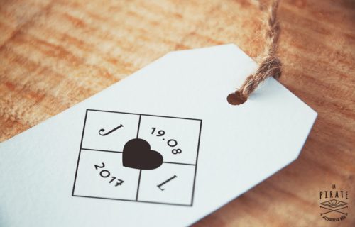 Tampon mariage initiales, losange et coeur.