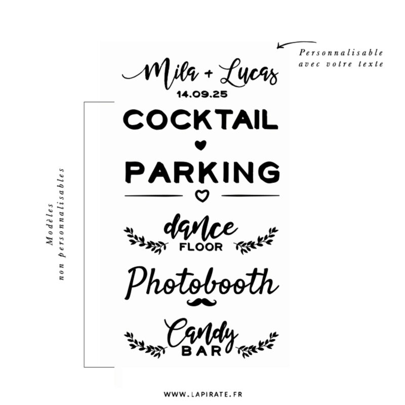 Lot de 6 stickers directionnels pour votre mariage boho, folk, dont 1 personnalisé - La Pirate