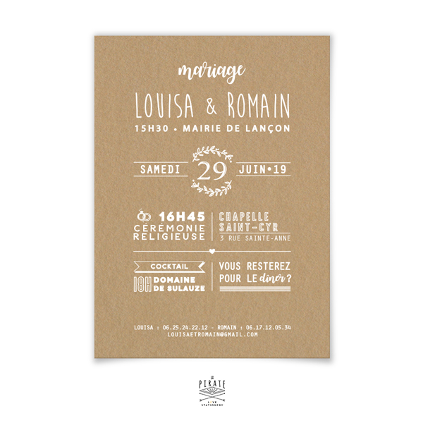 Faire-part mariage champêtre, Couronne Olivier kraft et blanc • La