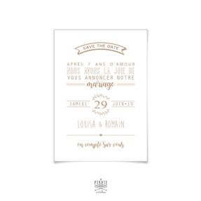 Save the date mariage champêtre à personnaliser, fond blanc et texte couleur kraft. Thème provençal, couronne d'Olivier