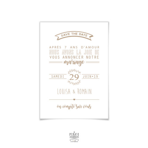 Save the date mariage champêtre à personnaliser, fond blanc et texte couleur kraft. Thème provençal, couronne d'Olivier