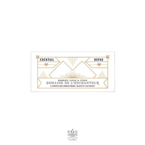 Personnalisé les invitations de vos convives, en ajoutant une invitation au repas de votre mariage aux invités concernés. Ce carton repas précisera le lieu et l'heure des différents évènements (Cocktail, Repas, Brunch ...) sur le thème Art déco, années 20 - La Pirate