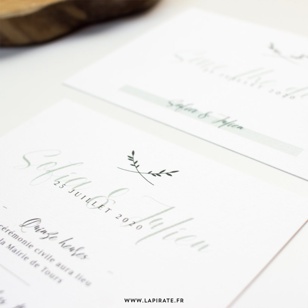 Détail faire-part mariage végétal, esprit minimaliste kinfolk, vert sauge et calligraphie