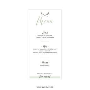 Menu mariage végétal personnalisé. Motif végétal pour votre menu mariage minimaliste - La Pirate