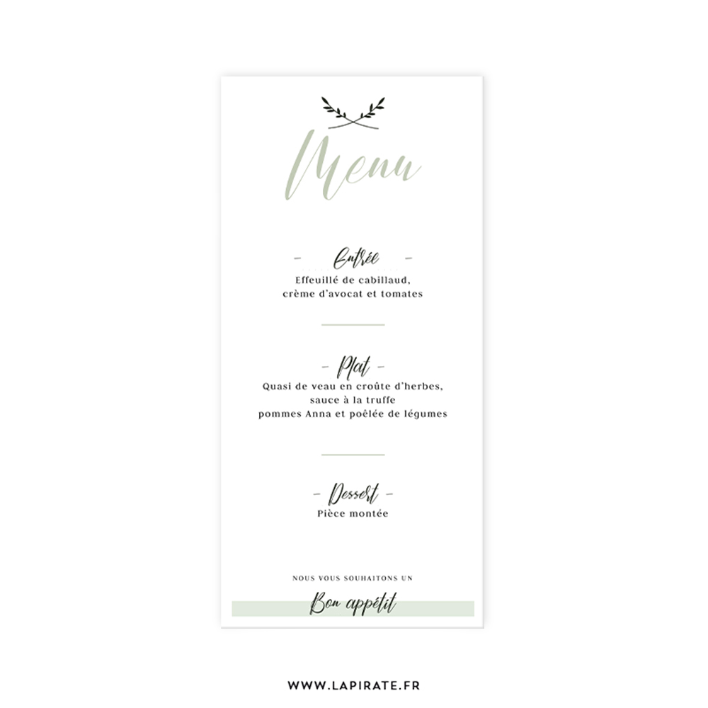 Menu mariage végétal personnalisé. Motif végétal pour votre menu mariage minimaliste - La Pirate