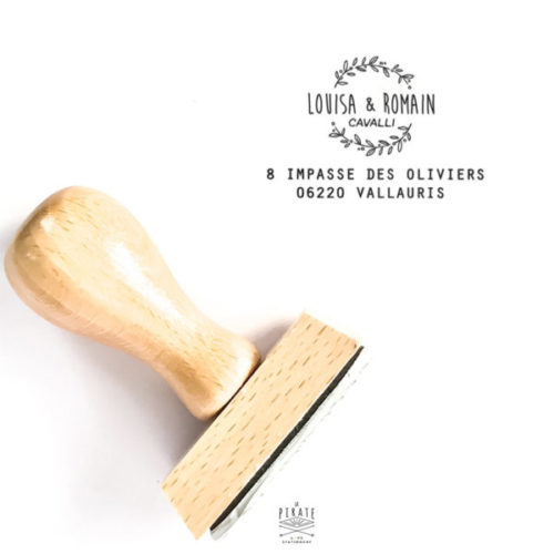 Tampon adresse personnalisé, tampon en bois. Motif couronne olivier champêtre. Tampon adresse personnalisé avec vos coordonnées postales