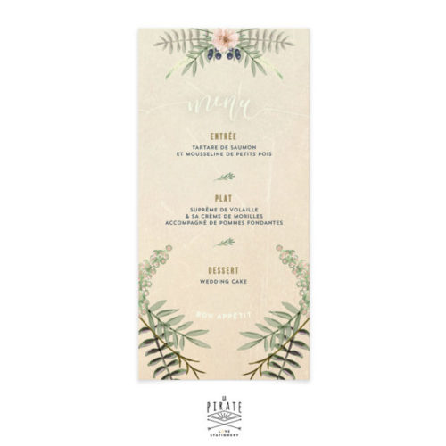 Menu mariage folk, bohème personnalisé