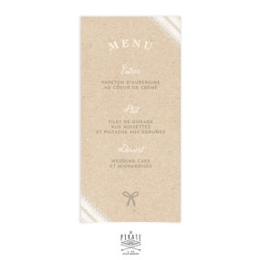 Menu mariage dentelle et kraft personnalisé pour votre mariage bohème - La Pirate