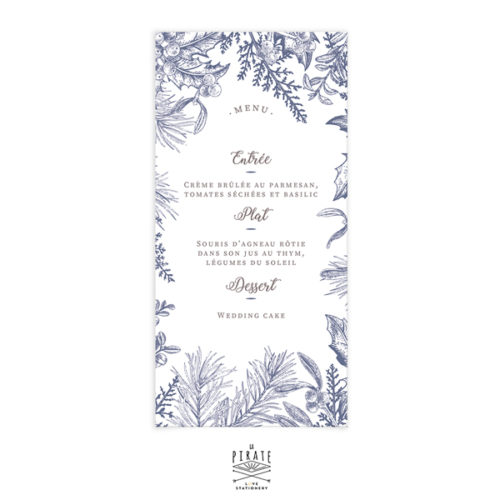 Menu mariage hiver, personnalisé. Menu mariage thème montagne, hivernal - La Pirate