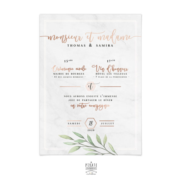 Faire Part Mariage Marbre Texte Dorure Cuivree Invitation Alba Elegante