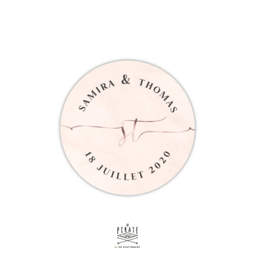 Stickers rond mariage marbre rose et effet cuivre, mariage chic. Stickers rond personnalisé prénoms, date et initiales avec effet cuivré - La Pirate