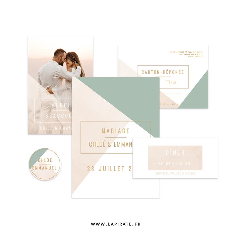 Papeterie mariage graphique esprit linéaire et chic, rose aquarelle et vert pâle. Une papeterie de mariage originale, à personnaliser pour votre union. Personnalisez le set de papeterie complet graphique chic - La Pirate