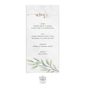 Menu mariage marbre et cuivre, et fine branche d'eucalyptus personnalisé pour votre mariage élégant -La Pirate