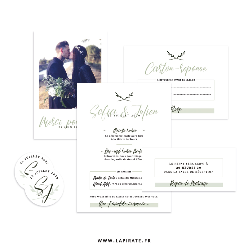 Papeterie mariage végétale et minimaliste. Vos invitations de mariage kinfolk, épurées. Notes végétales vert sauge et calligraphie fine pour une papeterie de mariage délicate et tendance - La Pirate