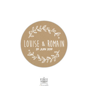 Stickers rond mariage champêtre personnalisé, effet kraft texte blanc - La Pirate