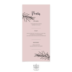 Menu mariage bohème chic, personnalisé pour votre mariage. Papier de création vieux rose & impression noir | Collection Sahanna - La Pirate