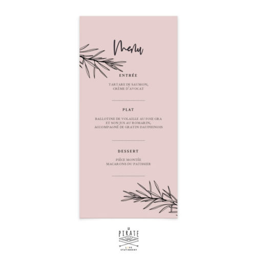Menu mariage bohème chic, personnalisé pour votre mariage. Papier de création vieux rose & impression noir | Collection Sahanna - La Pirate