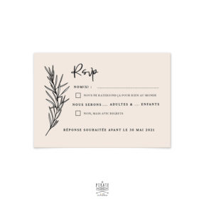 RSVP mariage bohème chic personnalisé sur papier de création biscuit & impression en noir | Collection Sahanna - La Pirate