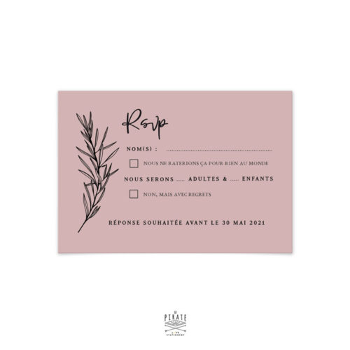 RSVP mariage bohème chic personnalisé sur papier de création vieux rose & impression en noir | Collection Sahanna - La Pirate