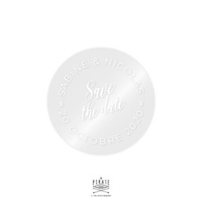 Stickers mariage rond transparent et blanc, personnalisé avec vos prénoms, love is in the air. Thème mariage vintage