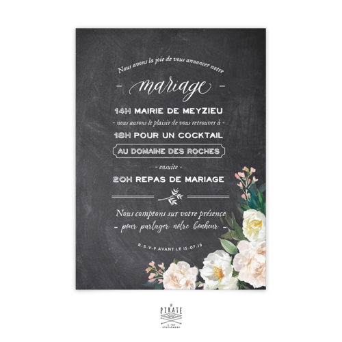 Faire-Part Mariage Ardoise, calligraphie et Fleurs Aquarelles, Programme au Verso à personnaliser