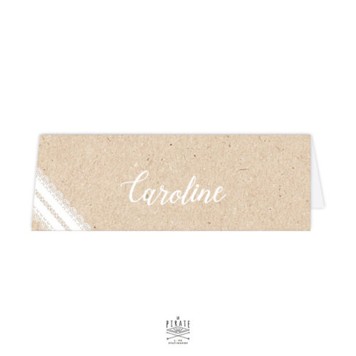 Marque-place cavalier personnalisé kraft et dentelle, mariage bohème