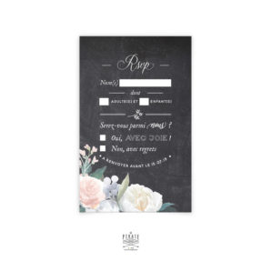 RSVP Mariage ardoise et fleurs à personnaliser pour votre mariage rétro. Sur fond ardoise, carton réponse vintage orné de fleurs délicates peintes à l'aquarelle