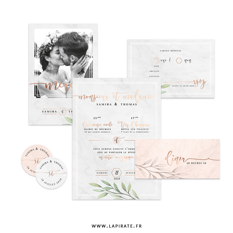 Papeterie mariage eucalyptus et texte cuivre Alba, à personnaliser pour votre mariage chic & élégant. Fond marbre blanc ou rose, texte dorure cuivrée - La Pirate