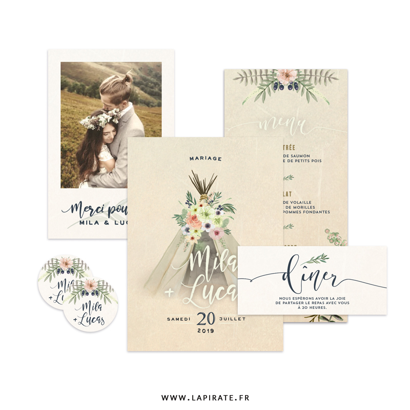 Papeterie mariage bohème, illustrée d'un tipi, composition florale, esprit Folk Boho - La Pirate