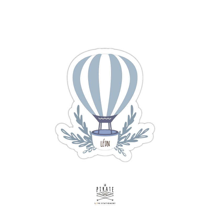 Stickers naissance personnalisé avec le prénom de bébé, montgolfière bleue
