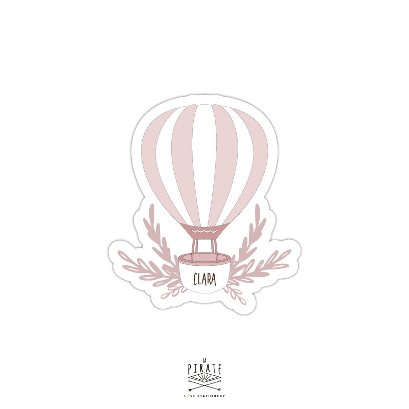Stickers naissance personnalisé avec le prénom de bébé, montgolfière rose