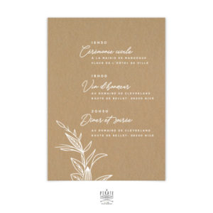 Faire-part mariage bohème et fleuri. Faire-part kraft imprimé en blanc, programme au verso - Collection Kamélia