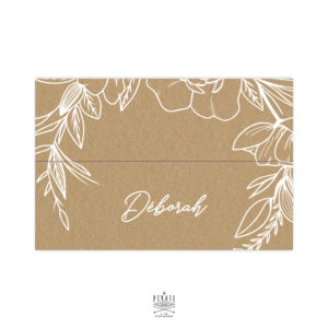 Marque-places cavalier personnalisés mariage bohème, kraft et blanc - Couronne florale, livré à plat - Collection Camélia