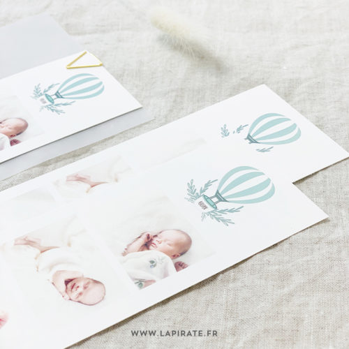 Faire-part naissance montgolfière verte, photos de bébé