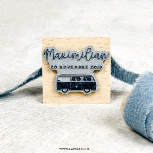 Tampon naissance van, mini van, voiture personnalisé du prénom et date de naissance de votre enfant