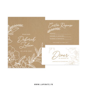 ensemble invitation mariage bohème, kraft et blanc kamélia