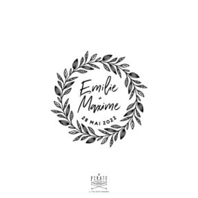 Tampon mariage couronne de feuilles, personnalisé avec vos prénoms police manuscrite